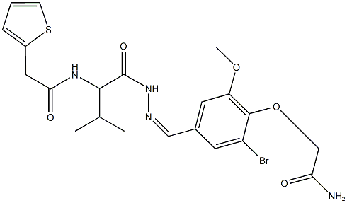 2-[2-bromo-6-methoxy-4-(2-{3-methyl-2-[(thien-2-ylacetyl)amino]butanoyl}carbohydrazonoyl)phenoxy]acetamide Struktur