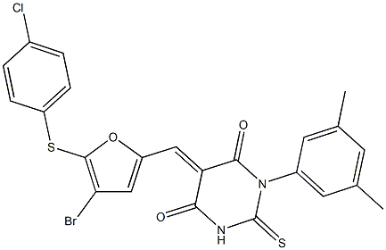 5-({4-bromo-5-[(4-chlorophenyl)sulfanyl]-2-furyl}methylene)-1-(3,5-dimethylphenyl)-2-thioxodihydro-4,6(1H,5H)-pyrimidinedione Struktur