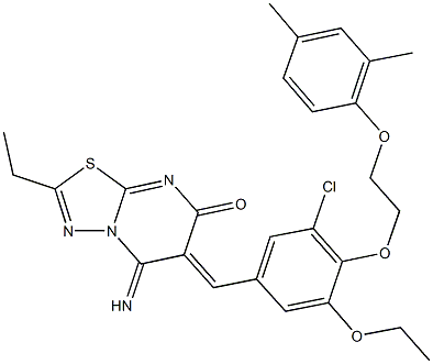 6-{3-chloro-4-[2-(2,4-dimethylphenoxy)ethoxy]-5-ethoxybenzylidene}-2-ethyl-5-imino-5,6-dihydro-7H-[1,3,4]thiadiazolo[3,2-a]pyrimidin-7-one Struktur