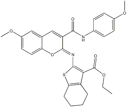 ethyl 2-({6-methoxy-3-[(4-methoxyanilino)carbonyl]-2H-chromen-2-ylidene}amino)-4,5,6,7-tetrahydro-1-benzothiophene-3-carboxylate Struktur