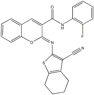 2-[(3-cyano-4,5,6,7-tetrahydro-1-benzothien-2-yl)imino]-N-(2-fluorophenyl)-2H-chromene-3-carboxamide Struktur