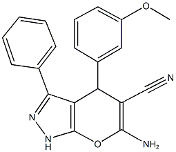 6-amino-4-(3-methoxyphenyl)-3-phenyl-2,4-dihydropyrano[2,3-c]pyrazole-5-carbonitrile Struktur