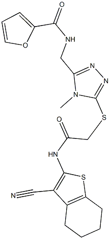 N-{[5-({2-[(3-cyano-4,5,6,7-tetrahydro-1-benzothien-2-yl)amino]-2-oxoethyl}sulfanyl)-4-methyl-4H-1,2,4-triazol-3-yl]methyl}-2-furamide Struktur