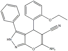 6-amino-4-(2-ethoxyphenyl)-3-phenyl-2,4-dihydropyrano[2,3-c]pyrazole-5-carbonitrile Struktur