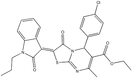 ethyl 5-(4-chlorophenyl)-7-methyl-3-oxo-2-(2-oxo-1-propyl-1,2-dihydro-3H-indol-3-ylidene)-2,3-dihydro-5H-[1,3]thiazolo[3,2-a]pyrimidine-6-carboxylate Struktur