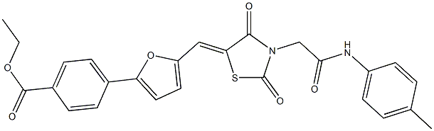 ethyl 4-[5-({2,4-dioxo-3-[2-oxo-2-(4-toluidino)ethyl]-1,3-thiazolidin-5-ylidene}methyl)-2-furyl]benzoate Struktur