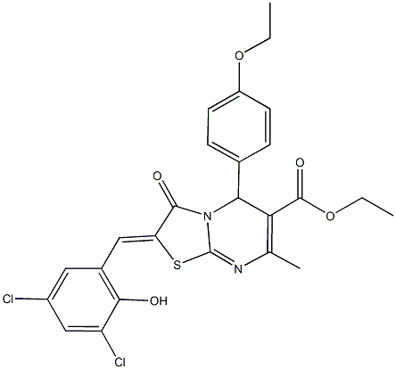 ethyl 2-(3,5-dichloro-2-hydroxybenzylidene)-5-(4-ethoxyphenyl)-7-methyl-3-oxo-2,3-dihydro-5H-[1,3]thiazolo[3,2-a]pyrimidine-6-carboxylate Struktur