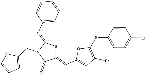 5-({4-bromo-5-[(4-chlorophenyl)sulfanyl]-2-furyl}methylene)-3-(2-furylmethyl)-2-(phenylimino)-1,3-thiazolidin-4-one Struktur