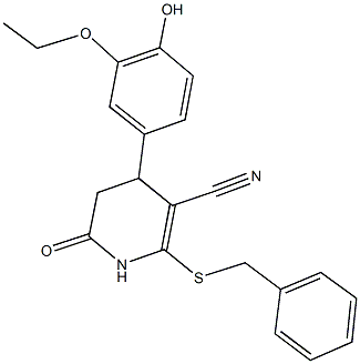 2-(benzylsulfanyl)-4-(3-ethoxy-4-hydroxyphenyl)-6-oxo-1,4,5,6-tetrahydro-3-pyridinecarbonitrile Struktur