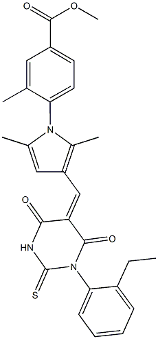 methyl 4-{3-[(1-(2-ethylphenyl)-4,6-dioxo-2-thioxotetrahydro-5(2H)-pyrimidinylidene)methyl]-2,5-dimethyl-1H-pyrrol-1-yl}-3-methylbenzoate Struktur