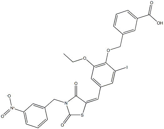 3-({2-ethoxy-4-[(3-{3-nitrobenzyl}-2,4-dioxo-1,3-thiazolidin-5-ylidene)methyl]-6-iodophenoxy}methyl)benzoic acid Struktur