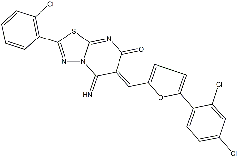 2-(2-chlorophenyl)-6-{[5-(2,4-dichlorophenyl)-2-furyl]methylene}-5-imino-5,6-dihydro-7H-[1,3,4]thiadiazolo[3,2-a]pyrimidin-7-one Struktur