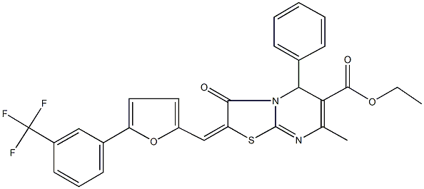 ethyl 7-methyl-3-oxo-5-phenyl-2-({5-[3-(trifluoromethyl)phenyl]-2-furyl}methylene)-2,3-dihydro-5H-[1,3]thiazolo[3,2-a]pyrimidine-6-carboxylate Struktur