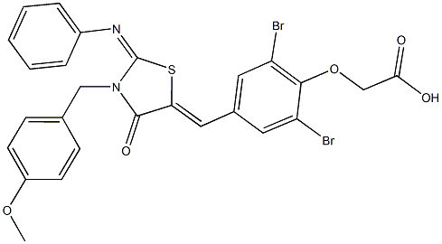 (2,6-dibromo-4-{[3-(4-methoxybenzyl)-4-oxo-2-(phenylimino)-1,3-thiazolidin-5-ylidene]methyl}phenoxy)acetic acid Struktur