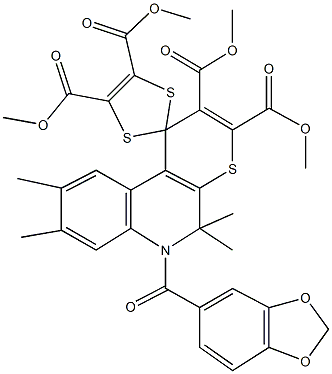 tetramethyl 6-(1,3-benzodioxol-5-ylcarbonyl)-5,5,8,9-tetramethyl-5,6-dihydrospiro(1H-thiopyrano[2,3-c]quinoline-1,2'-[1,3]-dithiole)-2,3,4',5'-tetracarboxylate Struktur