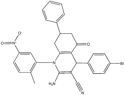 2-amino-4-(4-bromophenyl)-1-{5-nitro-2-methylphenyl}-5-oxo-7-phenyl-1,4,5,6,7,8-hexahydroquinoline-3-carbonitrile Struktur