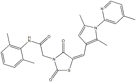 2-(5-{[2,5-dimethyl-1-(4-methyl-2-pyridinyl)-1H-pyrrol-3-yl]methylene}-2,4-dioxo-1,3-thiazolidin-3-yl)-N-(2,6-dimethylphenyl)acetamide Struktur