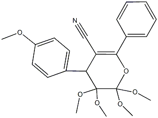 2,2,3,3-tetramethoxy-4-(4-methoxyphenyl)-6-phenyl-3,4-dihydro-2H-pyran-5-carbonitrile Struktur