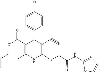 allyl 4-(4-chlorophenyl)-5-cyano-2-methyl-6-{[2-oxo-2-(1,3-thiazol-2-ylamino)ethyl]sulfanyl}-1,4-dihydropyridine-3-carboxylate Struktur