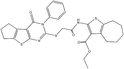 ethyl 2-({[(4-oxo-3-phenyl-3,5,6,7-tetrahydro-4H-cyclopenta[4,5]thieno[2,3-d]pyrimidin-2-yl)sulfanyl]acetyl}amino)-5,6,7,8-tetrahydro-4H-cyclohepta[b]thiophene-3-carboxylate Struktur