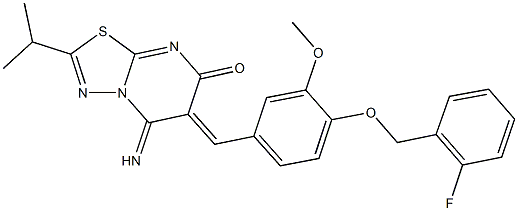 6-{4-[(2-fluorobenzyl)oxy]-3-methoxybenzylidene}-5-imino-2-isopropyl-5,6-dihydro-7H-[1,3,4]thiadiazolo[3,2-a]pyrimidin-7-one Struktur