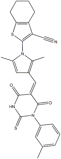 2-{2,5-dimethyl-3-[(1-(3-methylphenyl)-4,6-dioxo-2-thioxotetrahydro-5(2H)-pyrimidinylidene)methyl]-1H-pyrrol-1-yl}-4,5,6,7-tetrahydro-1-benzothiophene-3-carbonitrile Struktur