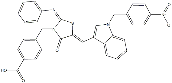 4-{[5-[(1-{4-nitrobenzyl}-1H-indol-3-yl)methylene]-4-oxo-2-(phenylimino)-1,3-thiazolidin-3-yl]methyl}benzoic acid Struktur