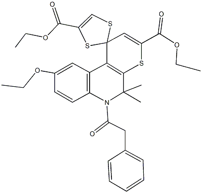 diethyl 9'-ethoxy-5',5'-dimethyl-6'-(phenylacetyl)-5',6'-dihydrospiro[1,3-dithiole-2,1'-(1'H)-thiopyrano[2,3-c]quinoline]-3',4-dicarboxylate Struktur