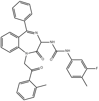 1-(3-fluoro-4-methylphenyl)-3-{1-[2-(2-methylphenyl)-2-oxoethyl]-2-oxo-5-phenyl-2,3-dihydro-1H-1,4-benzodiazepin-3-yl}urea Struktur