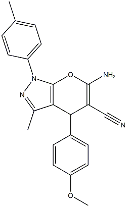 6-amino-4-(4-methoxyphenyl)-3-methyl-1-(4-methylphenyl)-1,4-dihydropyrano[2,3-c]pyrazole-5-carbonitrile Struktur