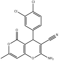 2-amino-4-(3,4-dichlorophenyl)-7-methyl-5-oxo-4H,5H-pyrano[4,3-b]pyran-3-carbonitrile Struktur