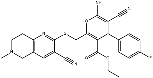 ethyl 6-amino-5-cyano-2-{[(3-cyano-6-methyl-5,6,7,8-tetrahydro[1,6]naphthyridin-2-yl)sulfanyl]methyl}-4-(4-fluorophenyl)-4H-pyran-3-carboxylate Struktur