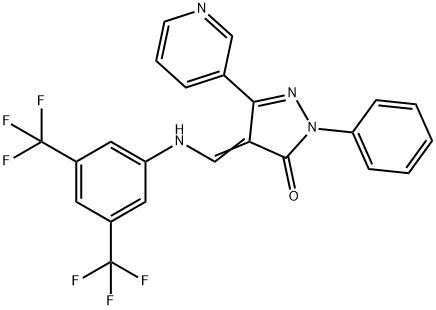 (4Z)-4-({[3,5-bis(trifluoromethyl)phenyl]amino}methylidene)-1-phenyl-3-(pyridin-3-yl)-4,5-dihydro-1H-pyrazol-5-one Struktur