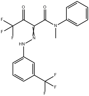 (2E)-4,4,4-trifluoro-N-methyl-3-oxo-N-phenyl-2-{2-[3-(trifluoromethyl)phenyl]hydrazin-1-ylidene}butanamide Struktur