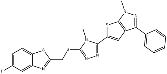 5-fluoro-2-({[4-methyl-5-(1-methyl-3-phenyl-1H-thieno[2,3-c]pyrazol-5-yl)-4H-1,2,4-triazol-3-yl]sulfanyl}methyl)-1,3-benzothiazole Struktur