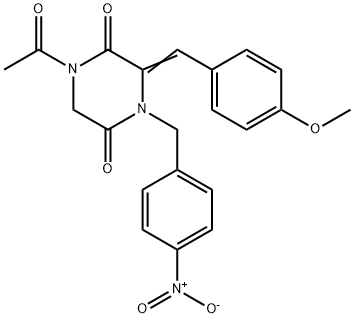 (3E)-1-acetyl-3-[(4-methoxyphenyl)methylidene]-4-[(4-nitrophenyl)methyl]piperazine-2,5-dione Struktur