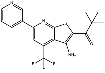 1-[3-amino-6-(pyridin-3-yl)-4-(trifluoromethyl)thieno[2,3-b]pyridin-2-yl]-2,2-dimethylpropan-1-one Struktur