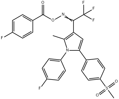 (Z)-{2,2,2-trifluoro-1-[1-(4-fluorophenyl)-5-(4-methanesulfonylphenyl)-2-methyl-1H-pyrrol-3-yl]ethylidene}amino 4-fluorobenzoate Struktur