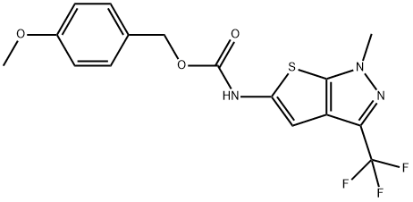 (4-methoxyphenyl)methyl N-[1-methyl-3-(trifluoromethyl)-1H-thieno[2,3-c]pyrazol-5-yl]carbamate Struktur