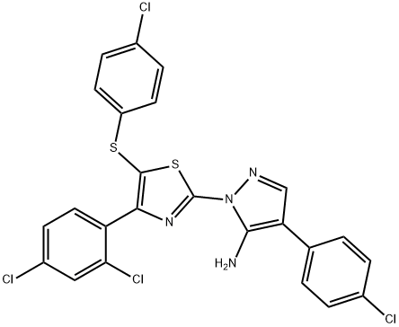 4-(4-chlorophenyl)-1-[5-[(4-chlorophenyl)sulfanyl]-4-(2,4-dichlorophenyl)-1,3-thiazol-2-yl]-1H-pyrazol-5-amine Struktur