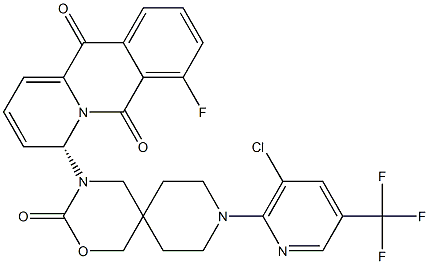 (4R)-4-{9-[3-chloro-5-(trifluoromethyl)pyridin-2-yl]-3-oxo-2-oxa-4,9-diazaspiro[5.5]undecan-4-yl}-7-fluoro-4H,6H,11H-pyrido[1,2-b]isoquinoline-6,11-dione Struktur