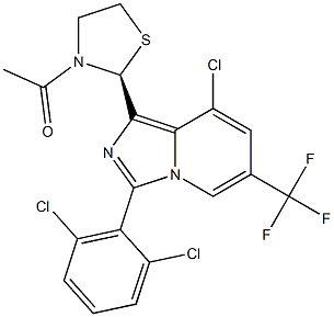 1-[(2S)-2-[8-chloro-3-(2,6-dichlorophenyl)-6-(trifluoromethyl)imidazo[1,5-a]pyridin-1-yl]-1,3-thiazolidin-3-yl]ethan-1-one Struktur