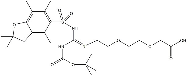 Boc,Pbf-amidino-Ado, Boc,Pbf-amidino-AEEA, 8-[N-t-Butyloxycarbonyl-N-(2,2,4,6,7-pentamethyldihydrobenzofuran-5-sulfonyl)]amidino-3,6-dioxaoctanoic acid, {2-[2-(N-Boc-N-Pbf-amidino)ethoxy]ethoxy}acetic acid Struktur