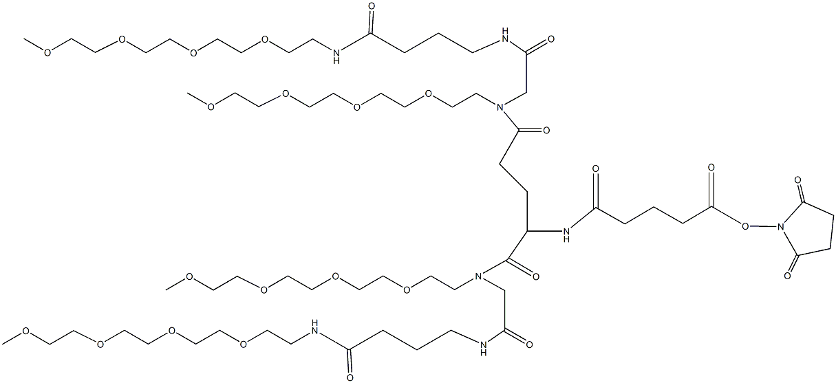 2,5-dioxopyrrolidin-1-yl 26-((15,20-dioxo-2,5,8,11-tetraoxa-14,19-diazahenicosan-21-yl)(2,5,8,11-tetraoxatridecan-13-yl)carbamoyl)-15,20,23,28-tetraoxo-22-(2,5,8,11-tetraoxatridecan-13-yl)-2,5,8,11-tetraoxa-14,19,22,27-tetraazadotriacontan-32-oate Struktur