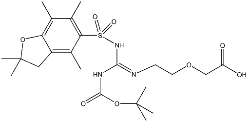 Boc,Pbf-amidino-AEA, 5-[N-t-Butyloxycarbonyl-N-(2,2,4,6,7-pentamethyldihydrobenzofuran-5-sulfonyl)]amidino-3-oxapentanoic acid, [2-(N-Boc-N-Pbf-amidino)ethoxy]acetic acid Struktur