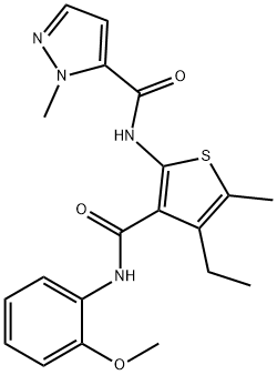 N-[4-ethyl-3-[(2-methoxyphenyl)carbamoyl]-5-methylthiophen-2-yl]-2-methylpyrazole-3-carboxamide Struktur