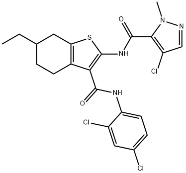 4-chloro-N-[3-[(2,4-dichlorophenyl)carbamoyl]-6-ethyl-4,5,6,7-tetrahydro-1-benzothiophen-2-yl]-2-methylpyrazole-3-carboxamide Struktur