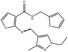 2-[(E)-(1-ethyl-3-methylpyrazol-4-yl)methylideneamino]-N-(furan-2-ylmethyl)thiophene-3-carboxamide Struktur