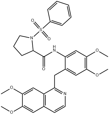 1-(benzenesulfonyl)-N-[2-[(6,7-dimethoxyisoquinolin-1-yl)methyl]-4,5-dimethoxyphenyl]pyrrolidine-2-carboxamide Struktur