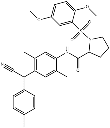 N-[4-[cyano-(4-methylphenyl)methyl]-2,5-dimethylphenyl]-1-(2,5-dimethoxyphenyl)sulfonylpyrrolidine-2-carboxamide Struktur